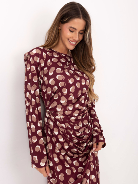 Burgundy midi dress with geometric pattern and long sleeves