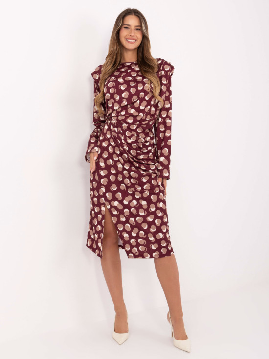 Burgundy midi dress with geometric pattern and long sleeves