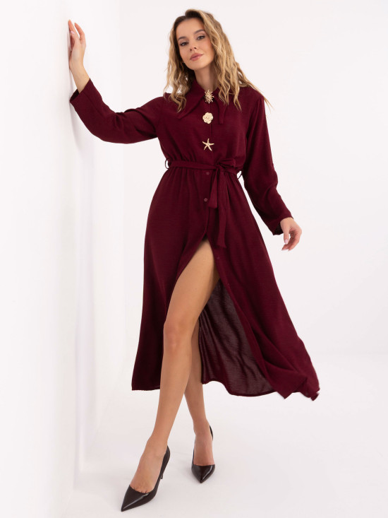 Burgundy flared midi dress with belt and brooch