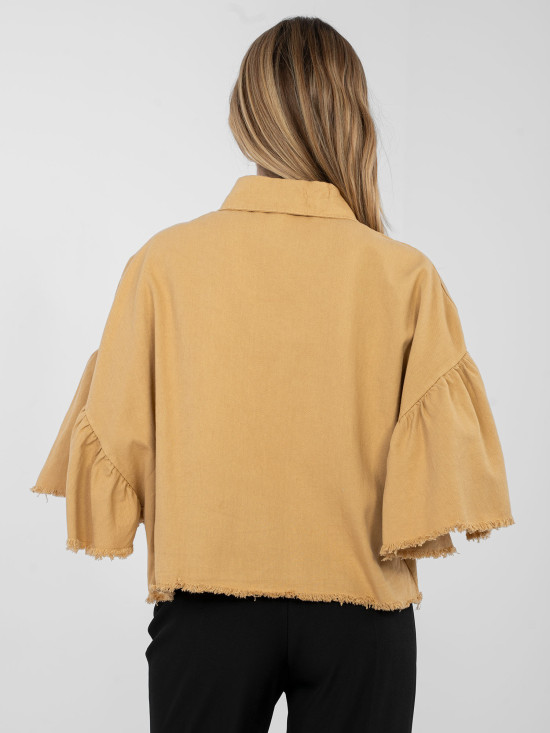 Short brown cotton jacket with ruffle and 3/4 sleeves