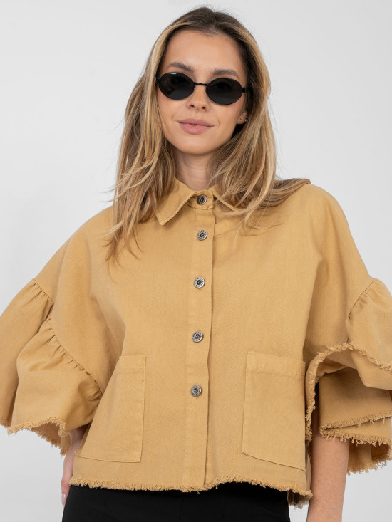 Short brown cotton jacket with ruffle and 3/4 sleeves