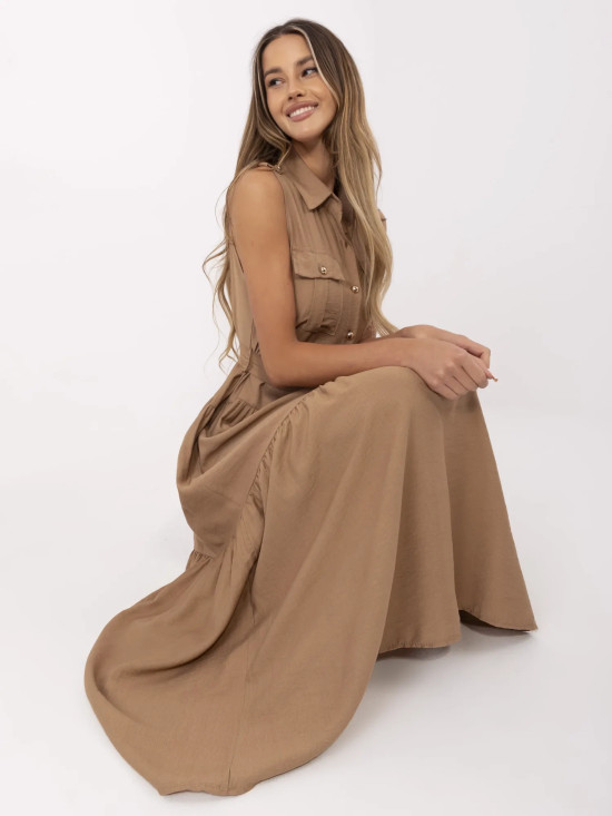 Maxi Dress with Ruffles and Belt in Camel Color