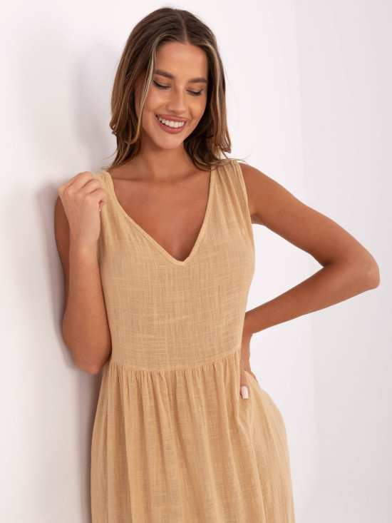 Maxi Dress with V Neckline in Camel Color