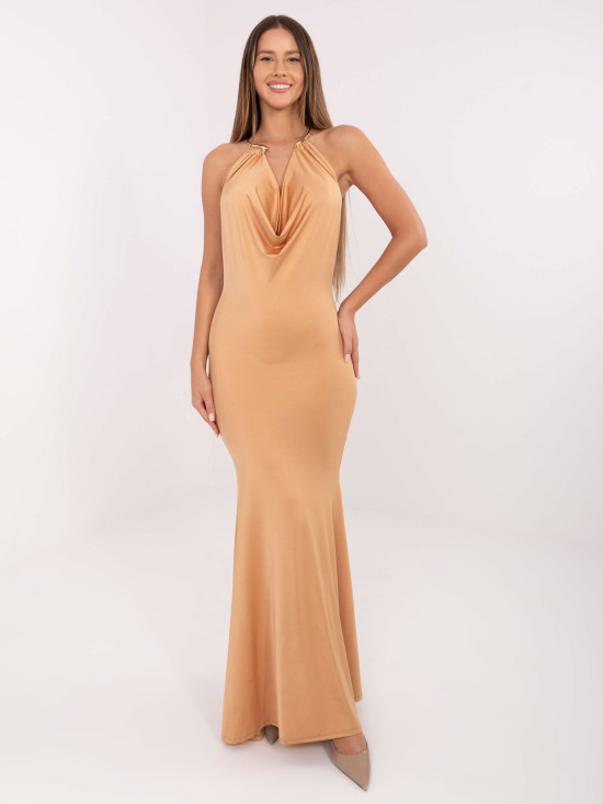 Elegant camel maxi dress with waterfall neckline