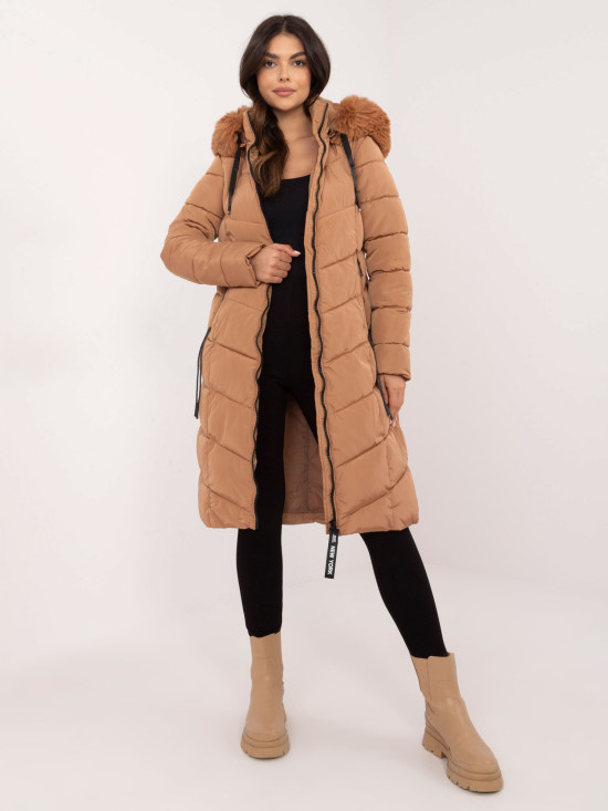Women's brown quilted winter coat with detachable hood