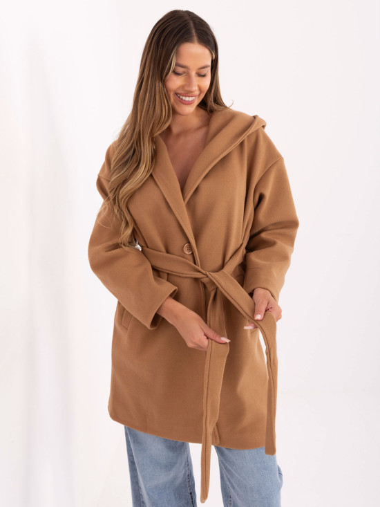 Stylish transitional coat with hood in camel brown