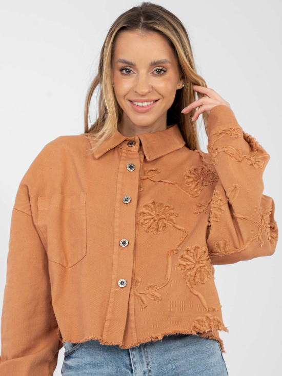 Short orange denim jacket with floral appliqué
