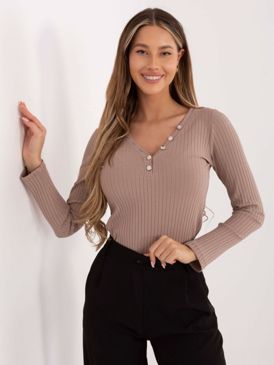 Beige ribbed blouse with V-neck and buttons