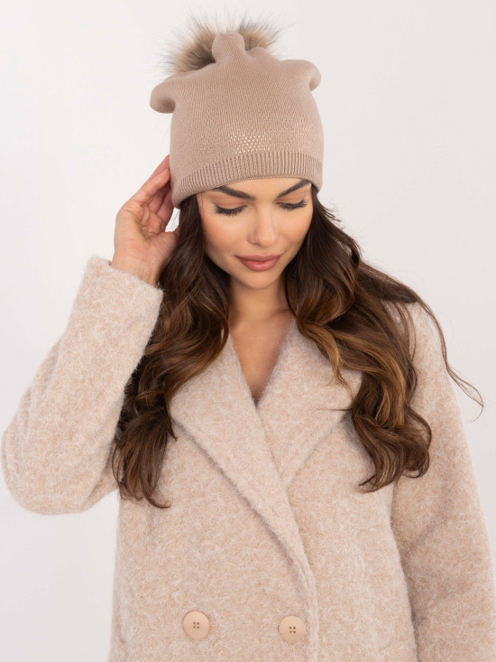Beige Winter Hat with Pompon