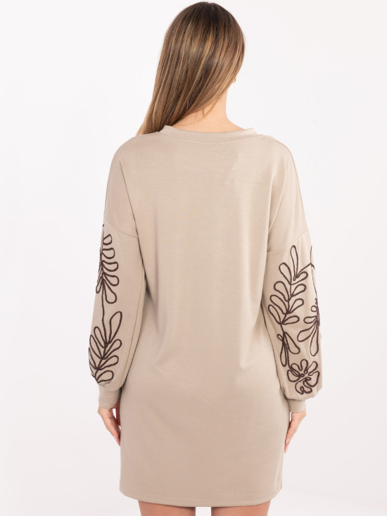 Beige short dress with embroidery and puff sleeves