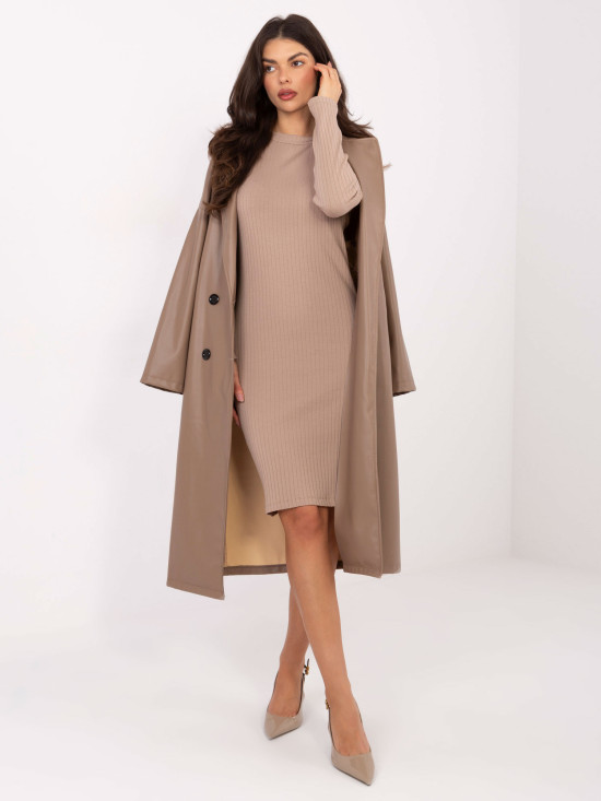 Beige ribbed pencil dress with long sleeves