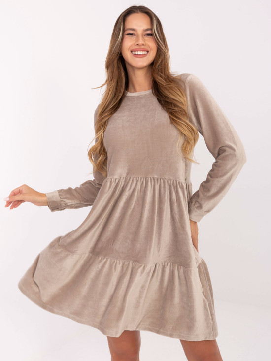 Beige flared dress with ruffle