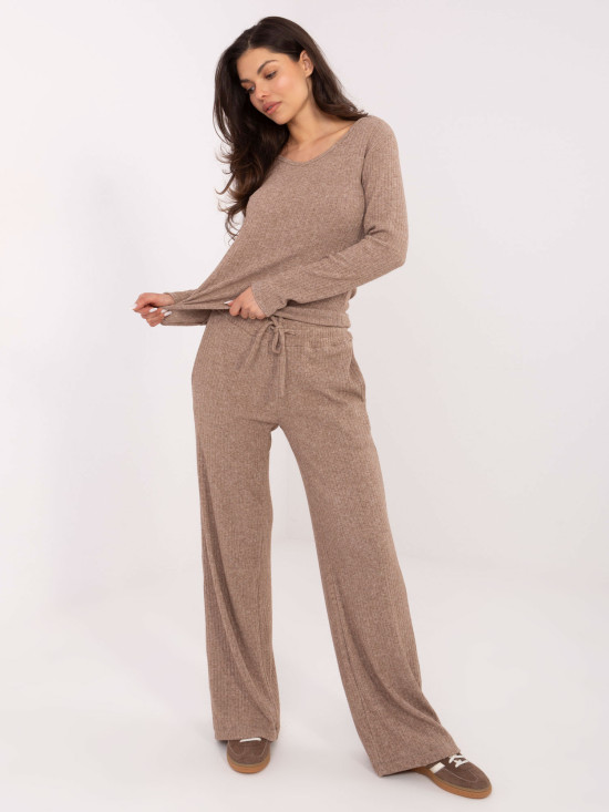 Beige wide ribbed knit trousers with high waist