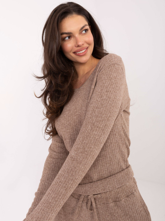 Beige Ribbed V-Neck Sweater