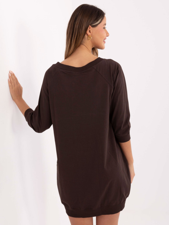 Brown cotton dress with 3/4 sleeves and V-neckline