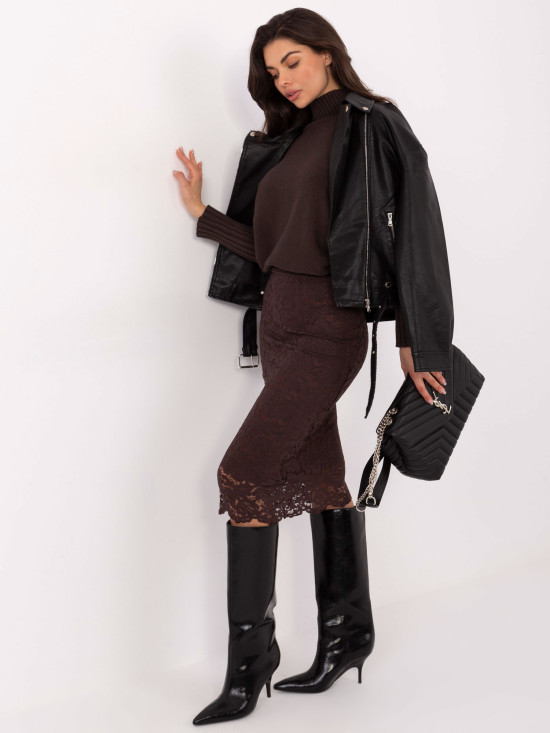 Elegant midi skirt with lace and lining, brown