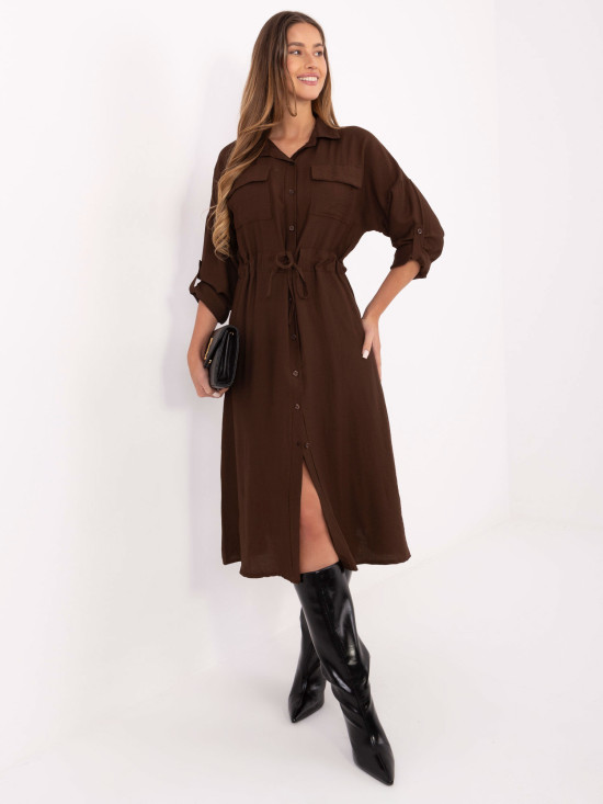 Brown flared midi dress with collar and pockets
