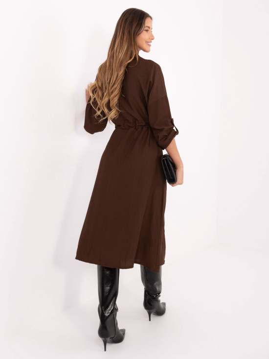Brown flared midi dress with collar and pockets