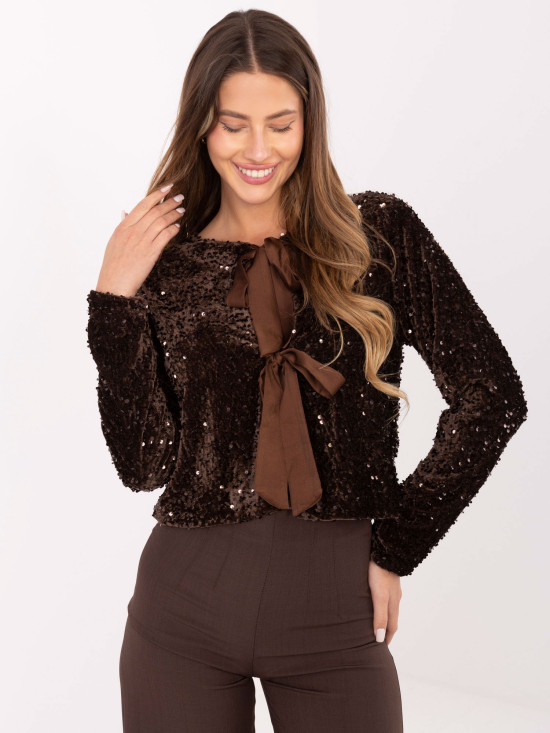 Elegant short cardigan with sequins and lining, brown
