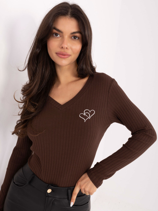 Brown cotton blouse with embroidery and V-neck