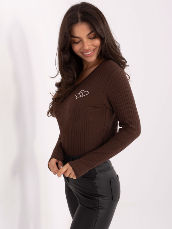 Brown cotton blouse with embroidery and V-neck