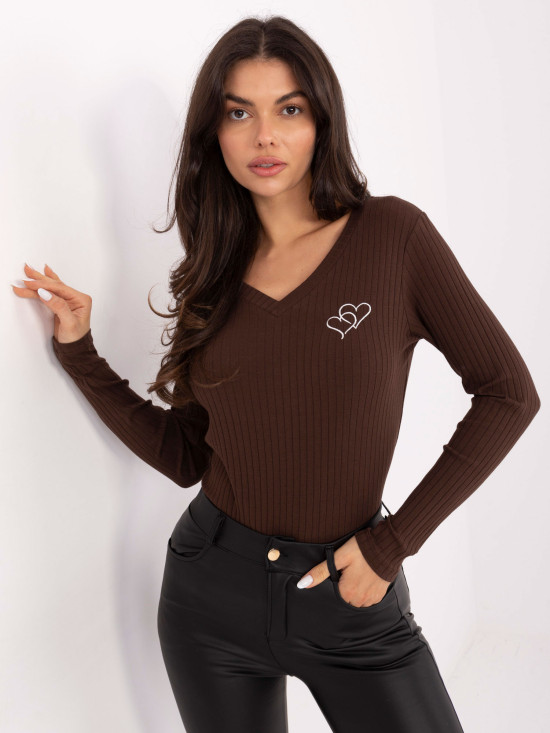 Brown cotton blouse with embroidery and V-neck
