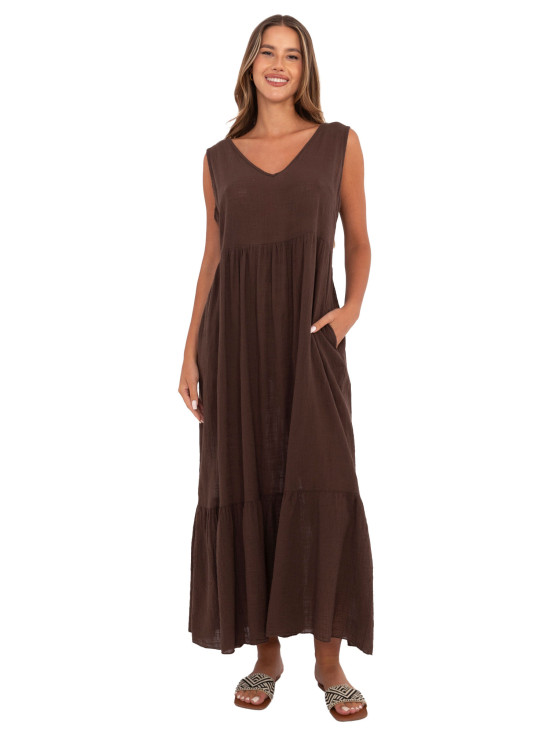 Maxi Dress with V Neckline in Dark Brown