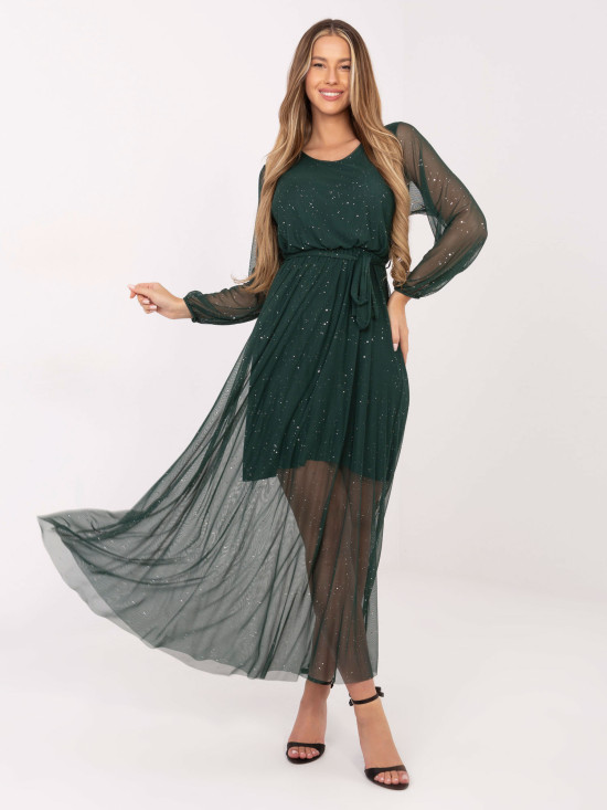 Elegant maxi dress with appliqué and belt, dark green