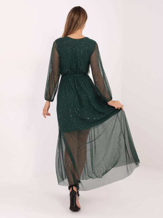 Elegant maxi dress with appliqué and belt, dark green