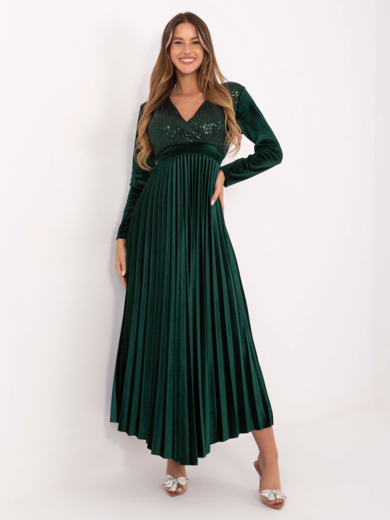 Elegant maxi dress with belt and sequins, dark green