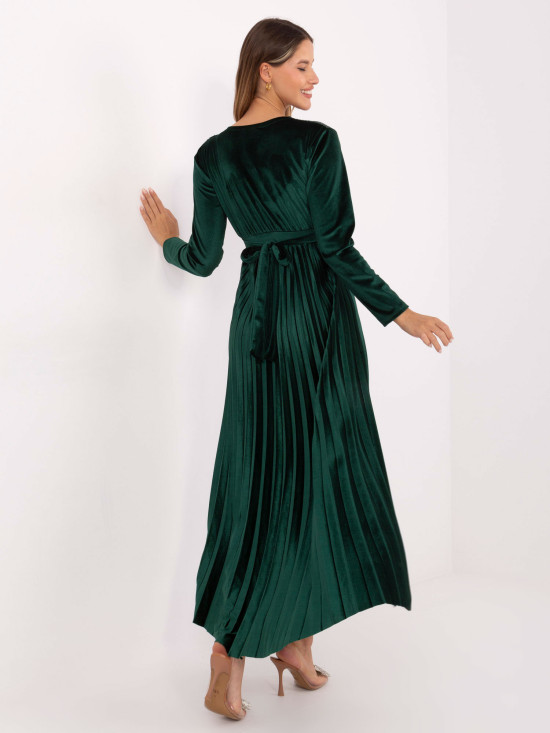 Elegant maxi dress with belt and sequins, dark green