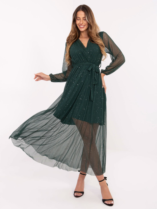 Elegant dark green maxi dress with belt
