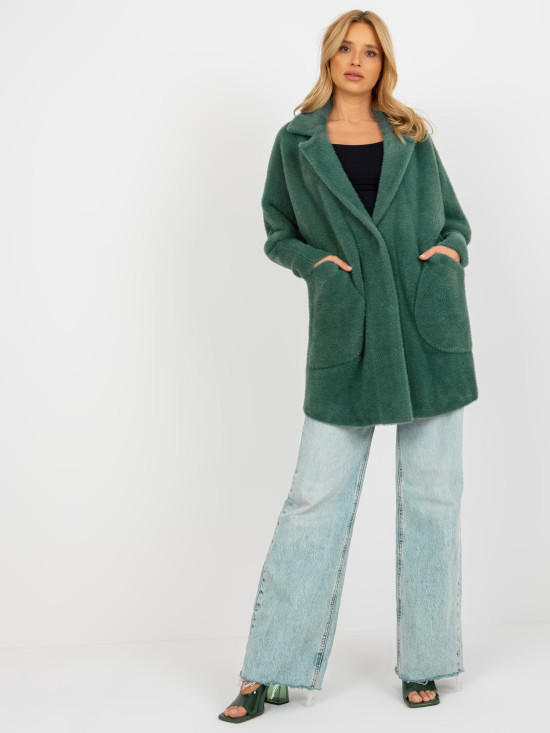 Loose Dark Green Alpaca Coat with Pockets