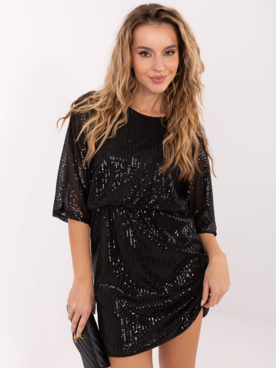 Black cocktail mini dress with sequin application