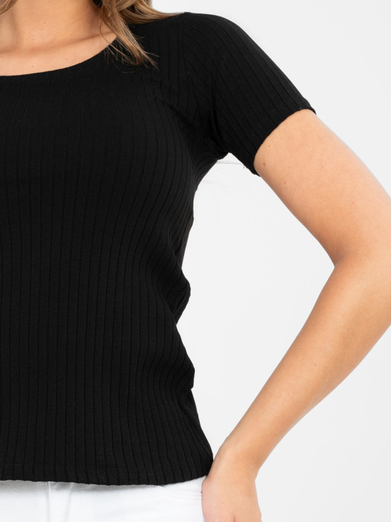 Black ribbed cotton blouse with short sleeves