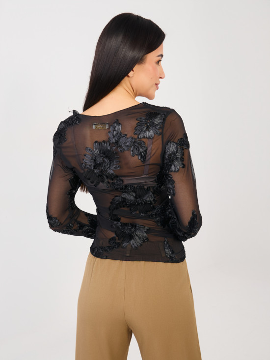 Elegant black blouse with floral appliqué and embroidery