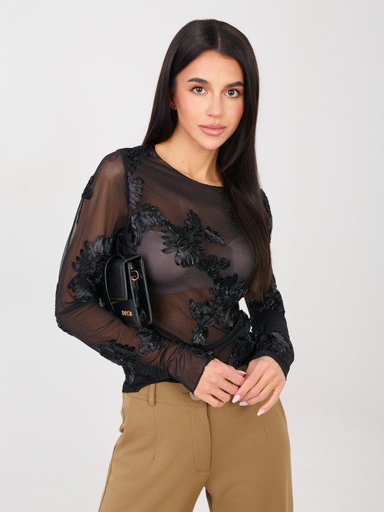 Elegant black blouse with floral appliqué and embroidery