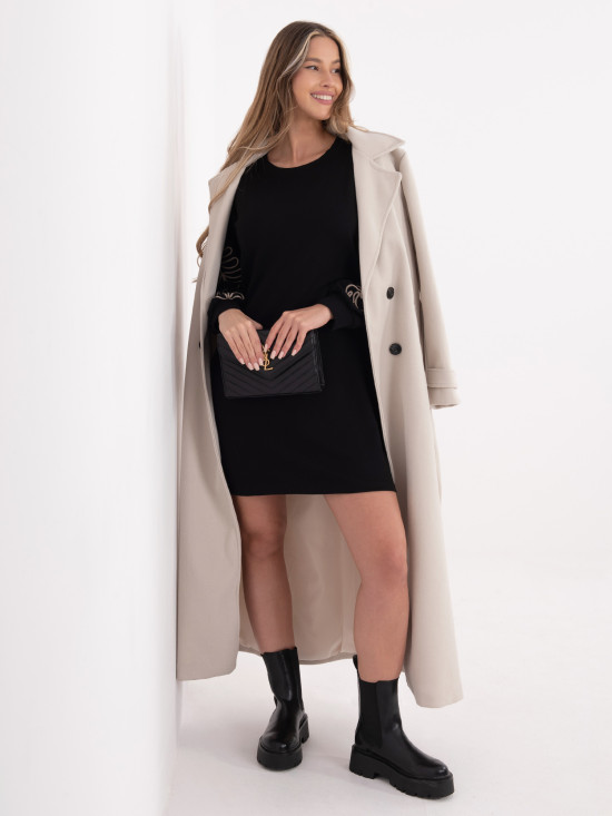 Short black dress with embroidery and puff sleeves