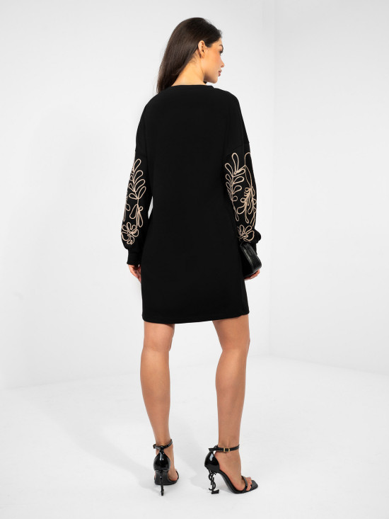 Black mini dress with embroidery and puff sleeves