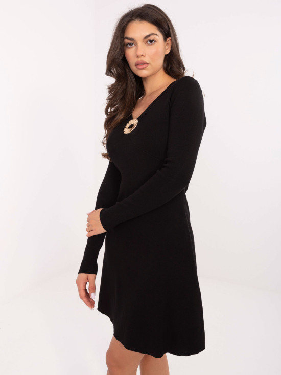 Elegant black ribbed mini dress with V-neck and long sleeves
