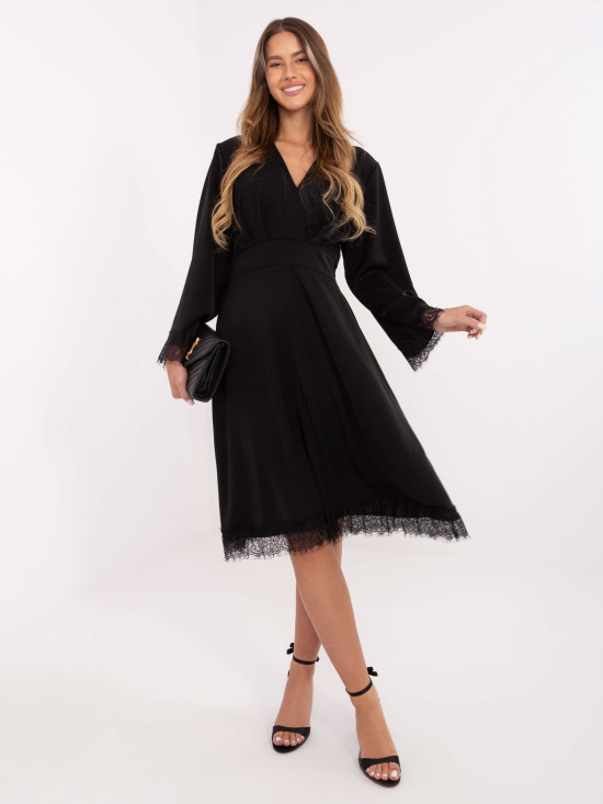 Elegant black midi dress with lace and wrap neckline