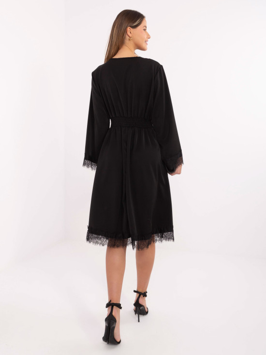 Elegant black midi dress with lace and wrap neckline