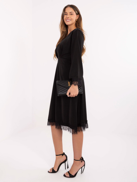 Elegant black midi dress with lace and wrap neckline