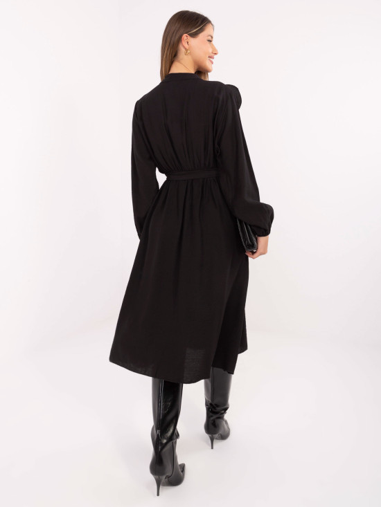 Black midi shirt dress with ruffles and belt