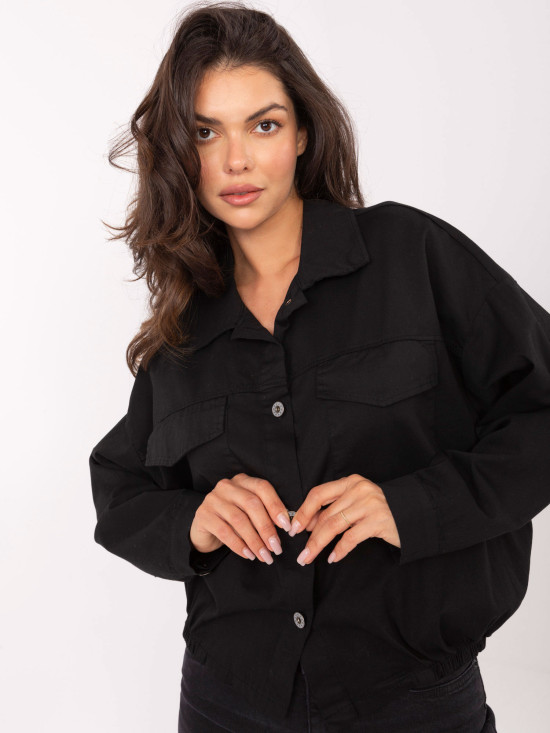 Black cotton shirt with pockets and collar