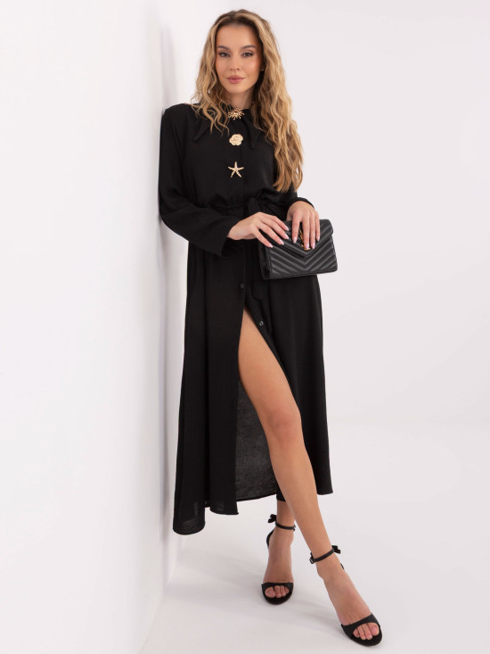 Black flared midi dress with belt and brooch