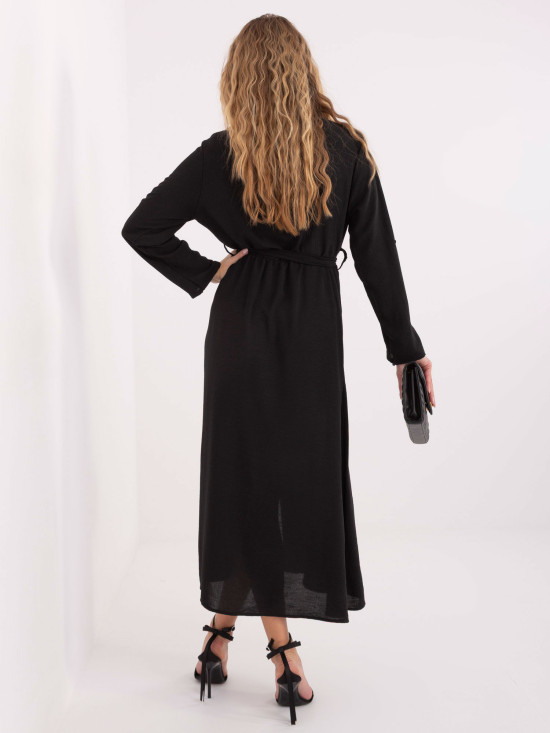Black flared midi dress with belt and brooch