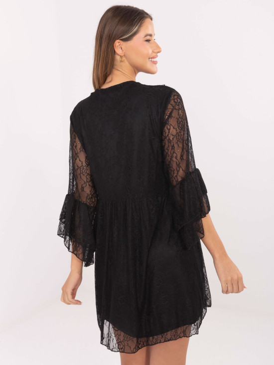 Black flared mini dress with lace and lacing