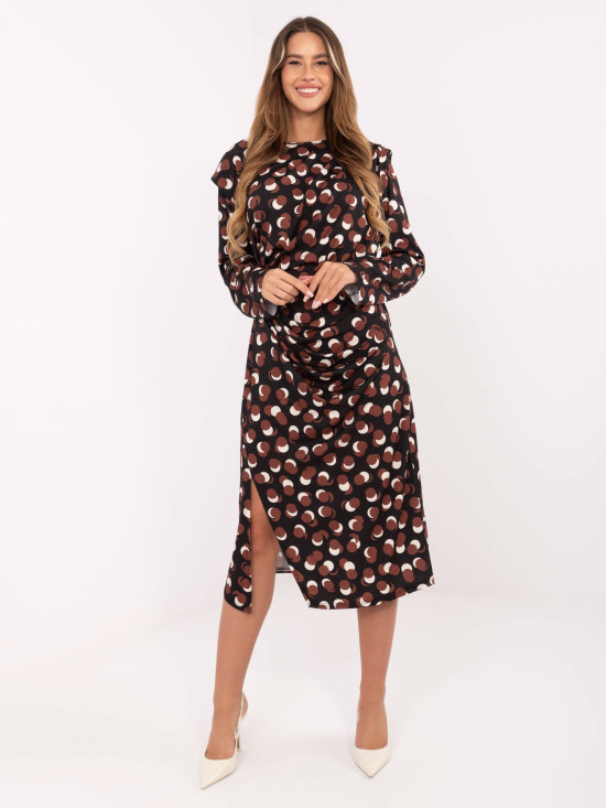 Black midi dress with geometric pattern and ruching