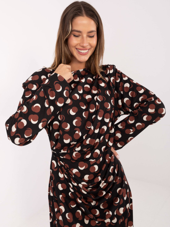 Black midi dress with geometric pattern and ruching